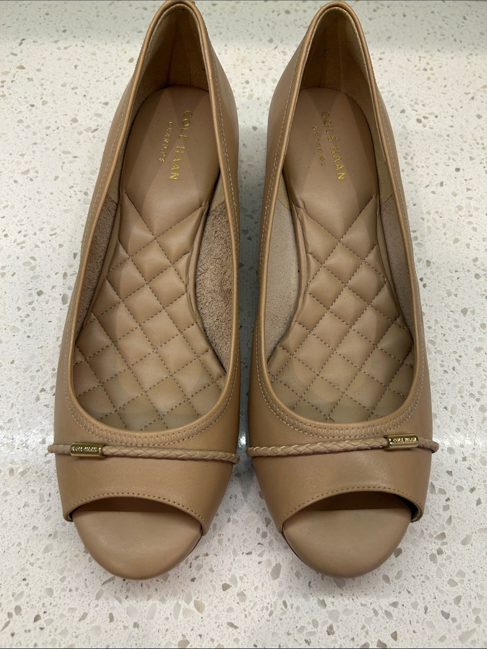 Cole Haan Emory Tan/Beige Peep-Toe Quilted Leather Low Wedge